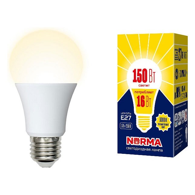 Лампа светодиод Volpe серия Norma LED-A60-16W/WW/E27/FR/NR (форма А матовая теплый белый свет 3000К)