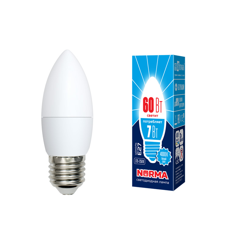 Лампа светодиод Volpe серия Norma LED-C37-7W/NW/E27/FR/NR (форма свеча матовая белый свет 4000К)