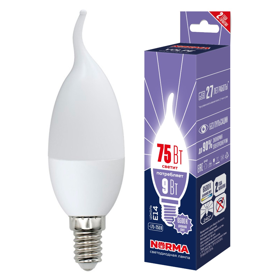 Лампа светодиод Volpe серия Norma LED-CW37-9W/6500К/E14/FR/NR (форма свеча на ветру матовая дневной белый свет 6500К)
