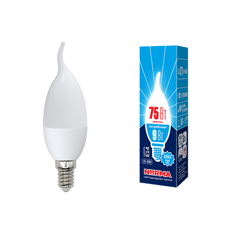 Лампа светодиод Volpe серия Norma LED-CW37-9W/NW/E14/FR/NR (форма свеча на ветру матовая белый свет 4000К)