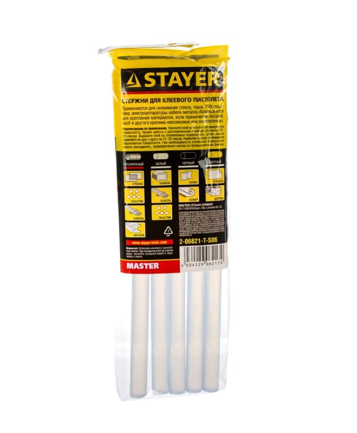 Стержни для клеевого пистолета Stayer 2-06821-T-S06 11мм х 200мм 6шт (прозрачные, по стеклу и пластику)