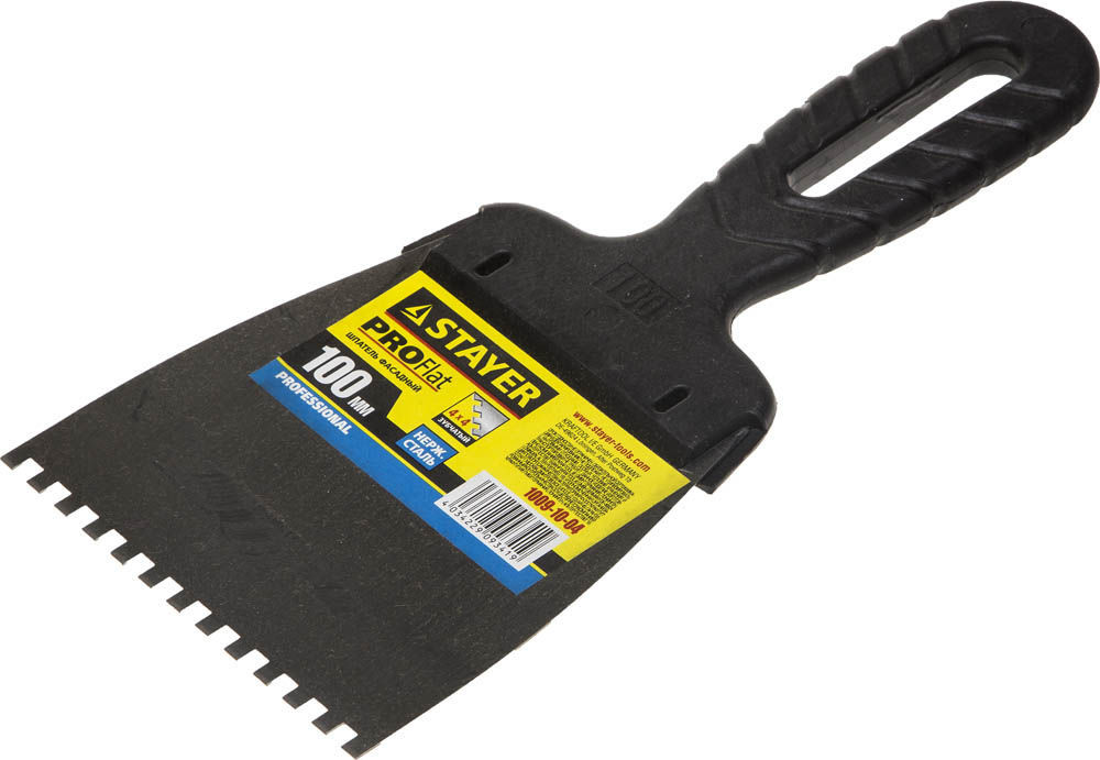 Шпатель зубчатый Stayer Professional 1009-10-04 100мм (зуб 4х4мм, нержавеющий, с пластмассовой ручкой)