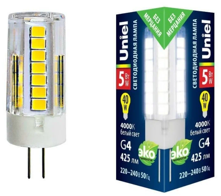 Лампа светодиодная Uniel LED-JC-220/5W/3000K/G4/CL GLZ09TR (прозрачная теплый белый свет 3000К картон)