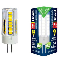 Лампа светодиодная Uniel LED-JC-220/5W/3000K/G4/CL GLZ09TR (прозрачная теплый белый свет 3000К картон)