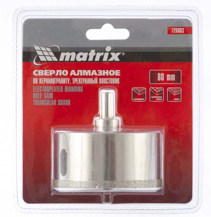 Сверло алмазное по керамограниту Matrix 726803 80мм х 67мм (3х-гранный хвостовик)