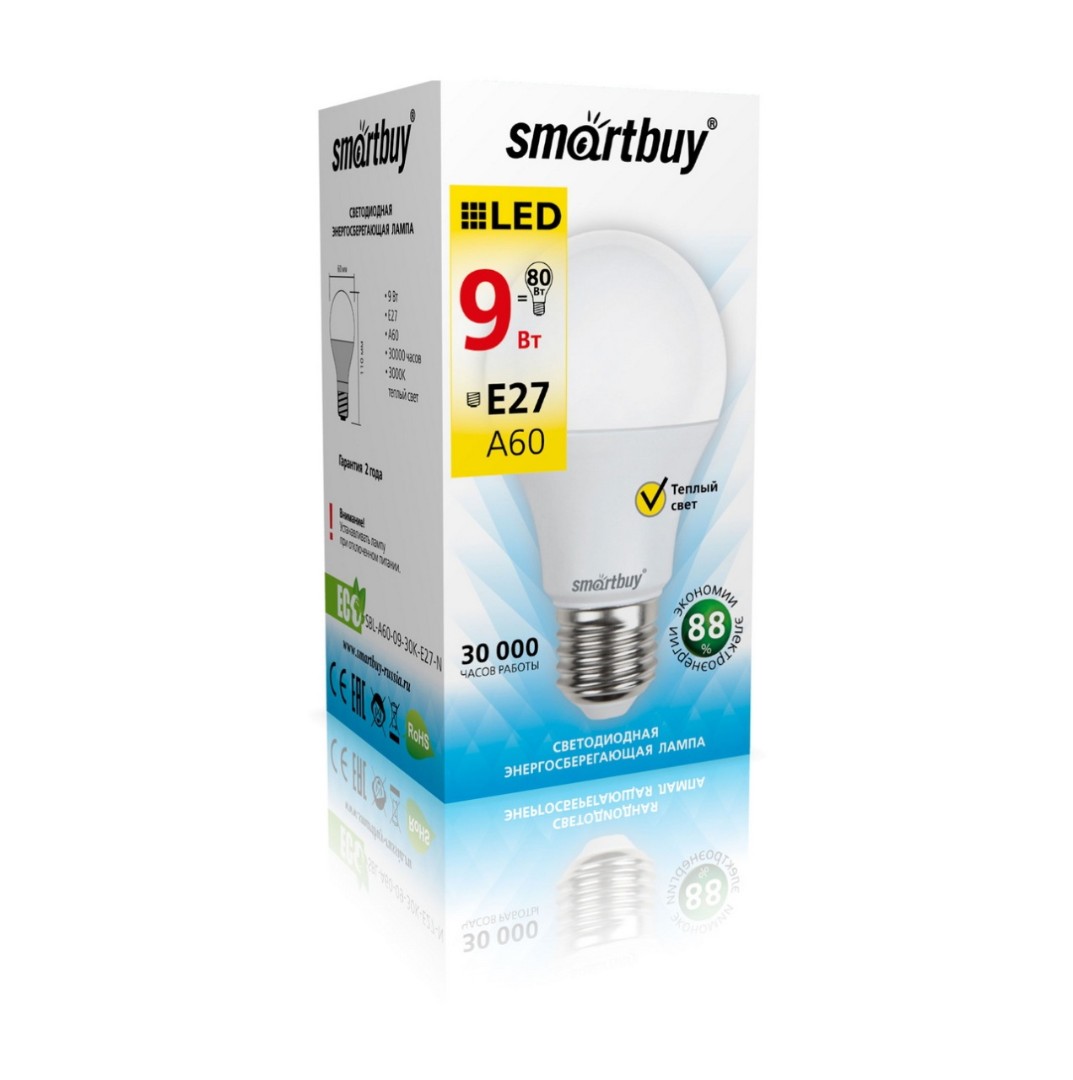 Лампа светодиодная Smartbuy-A60-09W/3000/E27 SBL-A60-09-30K-E27
