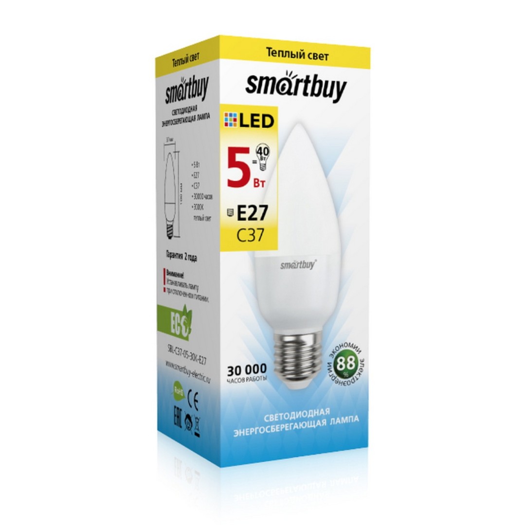 Лампа светодиодная Smartbuy-C37-05W/3000 E27 SBL-C37-05-30K-E27