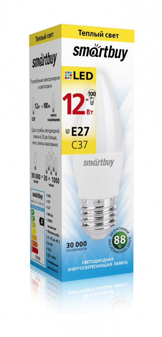 Лампа светодиодная Smartbuy-C37-12W/3000 E27 SBL-C37-12-30K-E27