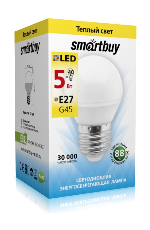 Лампа светодиодная Smartbuy-G45-05W/3000/E27 SBL-G45-05-30K-E27