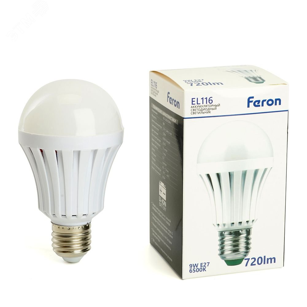 Лампа светодиодная аккумуляторная Feron EL 116 9W 6500К Е27 АС/DC 48979