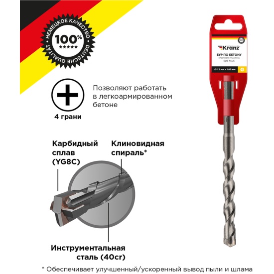 Бур по бетону Kranz KR-91-0821 крестовая пластина 12x160x100 мм