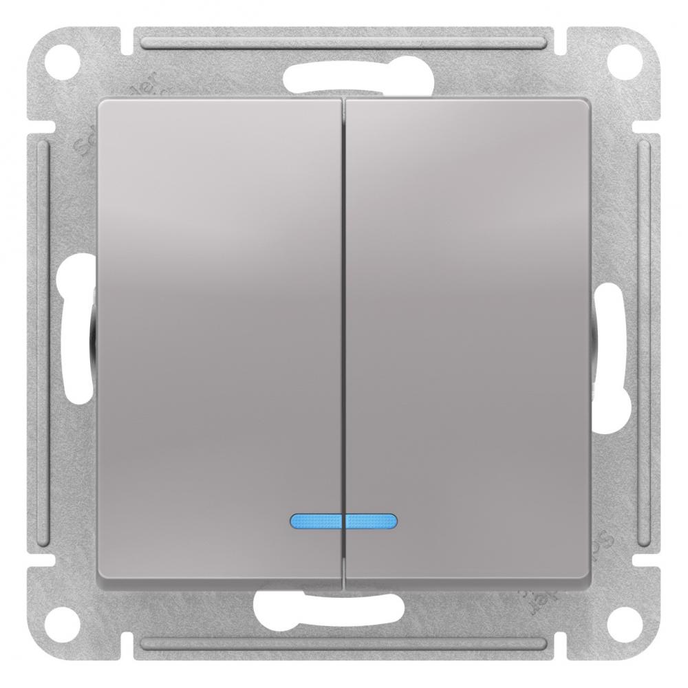 Выключатель Schneider Electric AtlasDesign 10А (2-клавишный, с подсветкой, сталь)