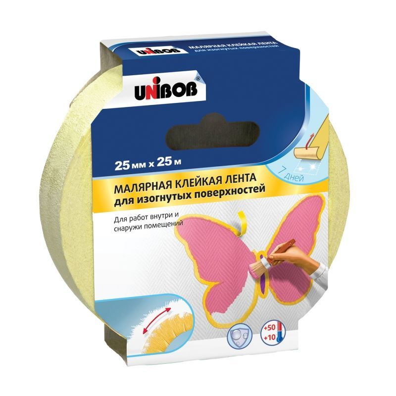 Клейкая лента малярная Unibob К63812 25мм х 25м (для изогнутых поверхностей, желтая)
