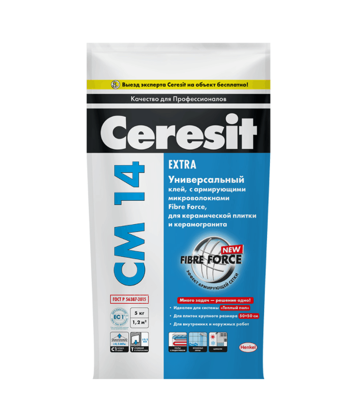 Клей для плитки и керамогранита Ceresit CM 14 Extra 5кг (цементный)
