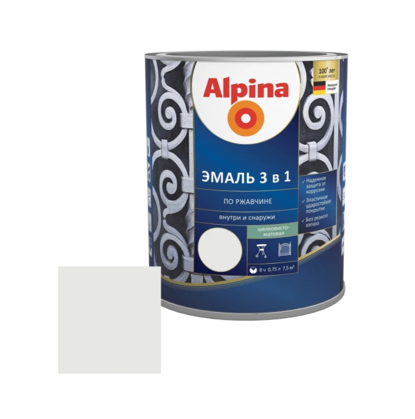Грунт-эмаль по ржавчине Alpina 948104222 0,75л (алкидная, быстросохнущая, шелковисто-матовая, белая RAL9003)