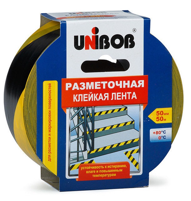 Лента клейкая разметочная Unibob К48905 50мм х 50м (желто-черная)