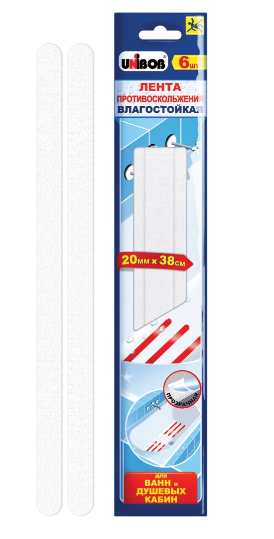 Клейкая лента противоскользящая Unibob К59744 38см х 20мм (для ванной, прозрачная)