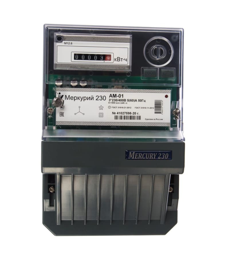 Счетчик электроэнергии Incotex Меркурий 230 35789 АМ-01 5-60А (3 фазы, 1 класс точности, 1 тарифный, импульсный, механический винт)