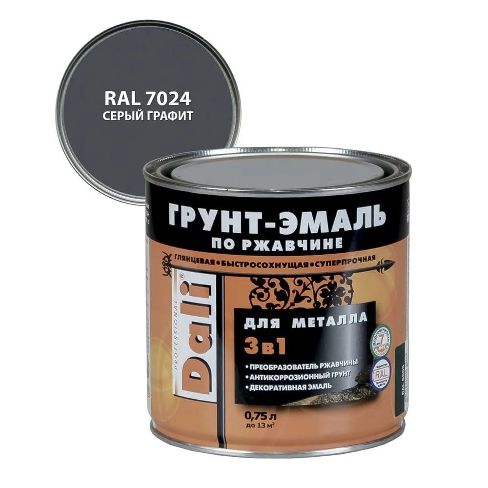 Эмаль по ржавчине Dali 20536 0,75л (серый-графит RAL7024)