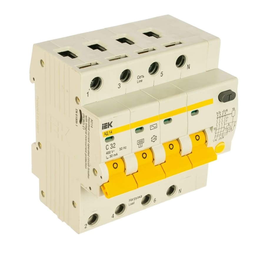 Автомат дифференциальный IEK АД-14 MAD10-4-032-C-030 4п С 32А 30мА тип АС 4,5 кА
